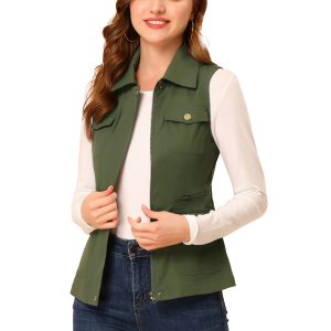 Zip Up Pockets Sleeveless Cargo Jacket Utility Vest Green/M - Allegra K catalog