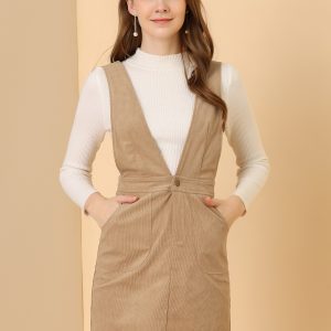 Corduroy Overall V Neck Strap Mini Pinafore Dress Khaki/XL - Allegra K catalog