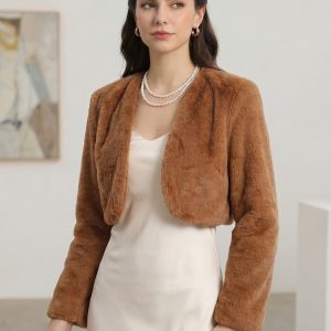 Faux Fur Evening Open Front Bolero Cropped Jacket Shrug Brown/S - Allegra K catalog
