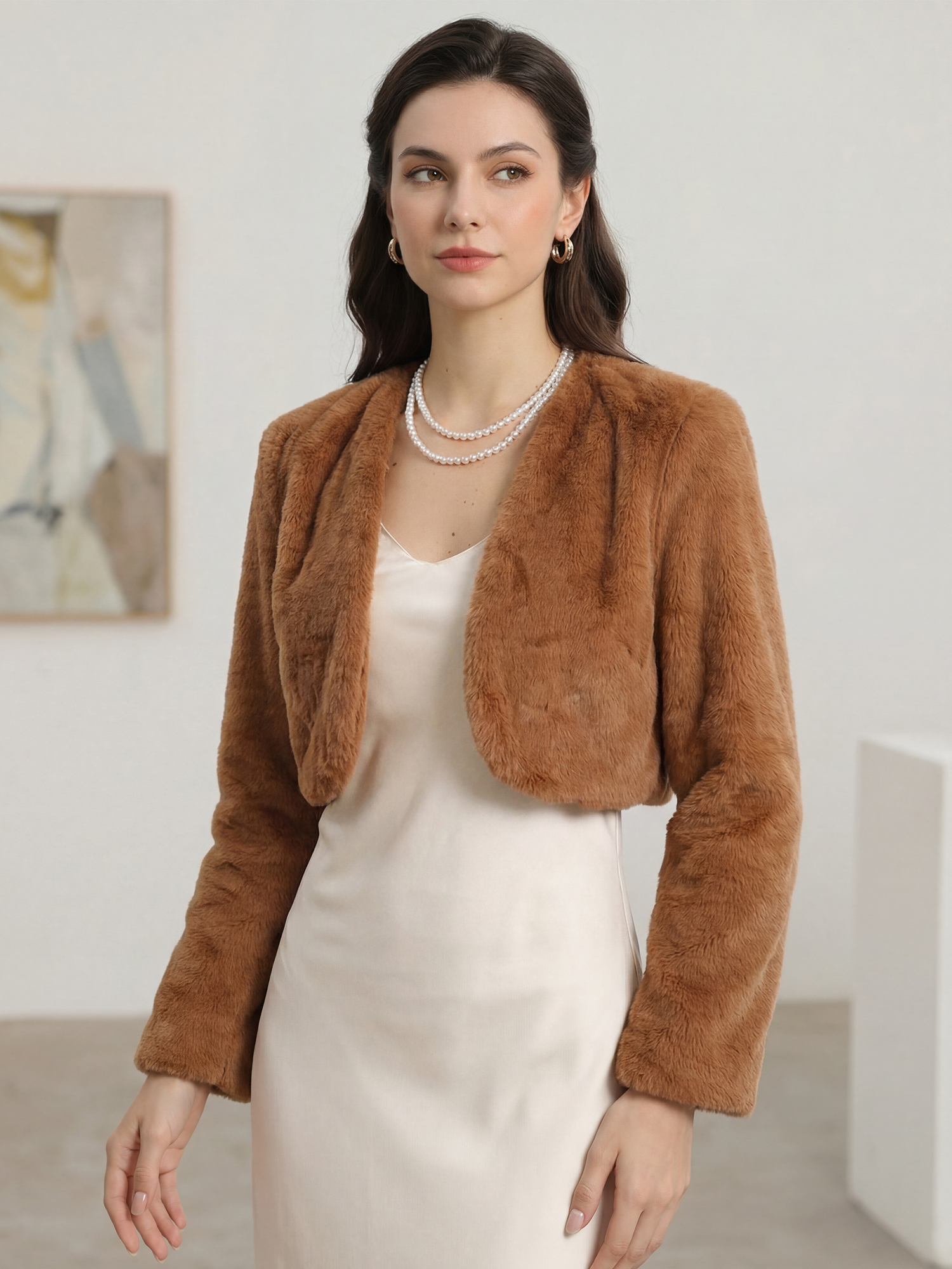 Faux Fur Evening Open Front Bolero Cropped Jacket Shrug Brown/S - Allegra K catalog