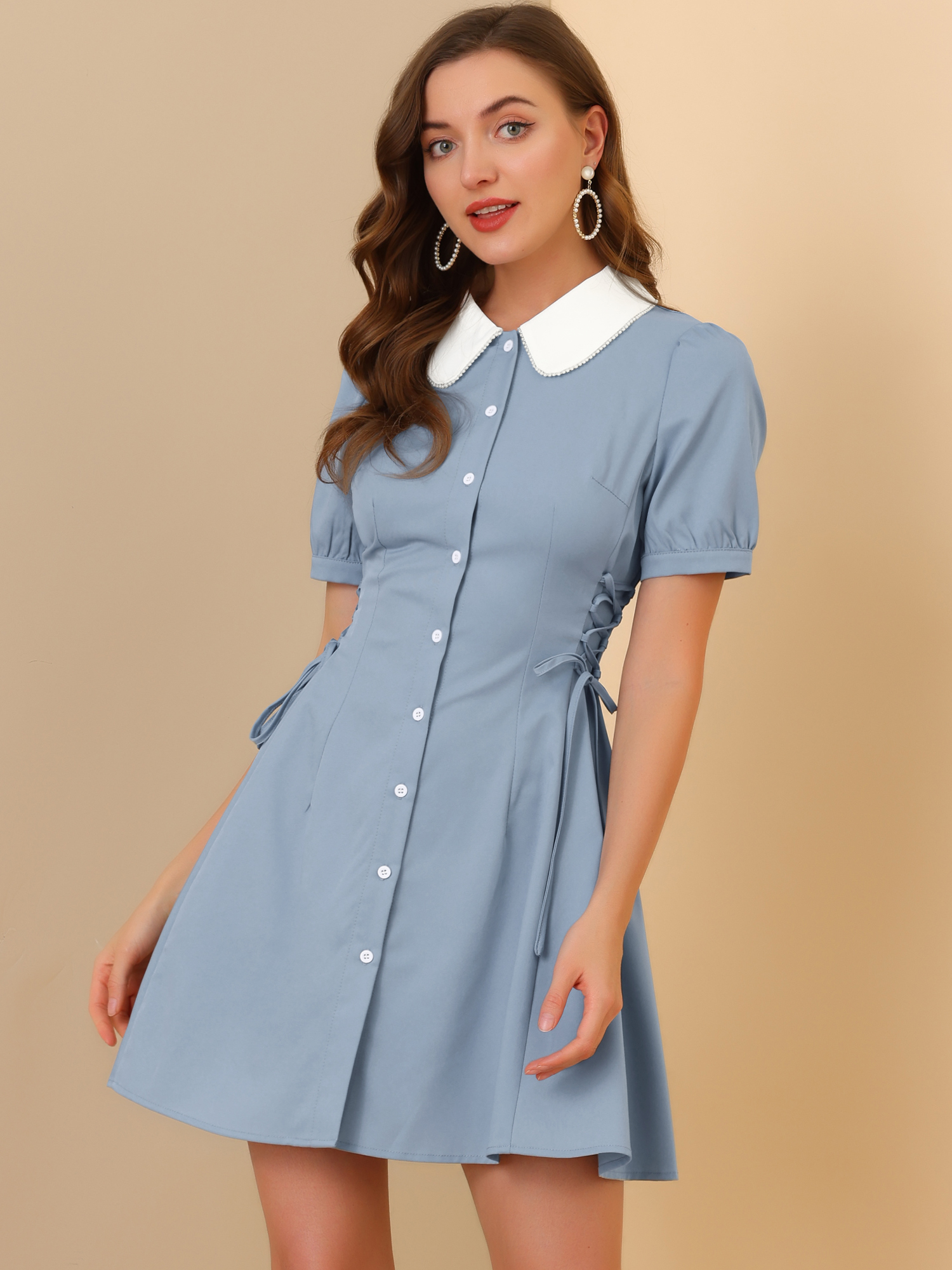 Vintage Peter Pan Collar Lace Up Button Down Dress Blue/M - Allegra K catalog