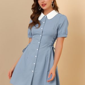 Vintage Peter Pan Collar Lace Up Button Down Dress Blue/XL - Allegra K catalog
