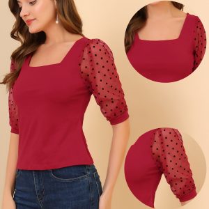 Retro Square Neck Tops Slim Fit Semi Sheer 3/4 Mesh Sleeve Top Burgundy/XS - Allegra K catalog