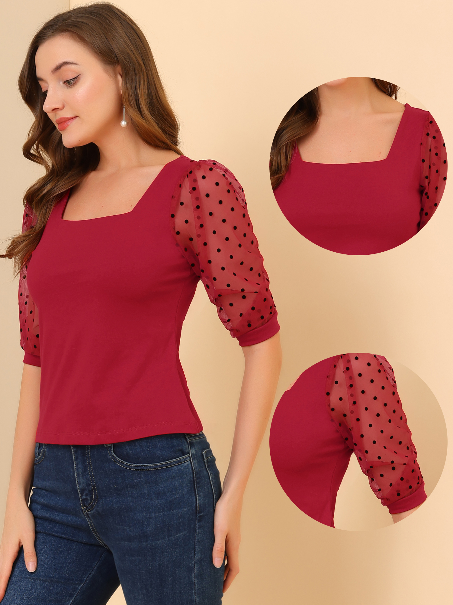 Retro Square Neck Tops Slim Fit Semi Sheer 3/4 Mesh Sleeve Top Burgundy/S - Allegra K catalog
