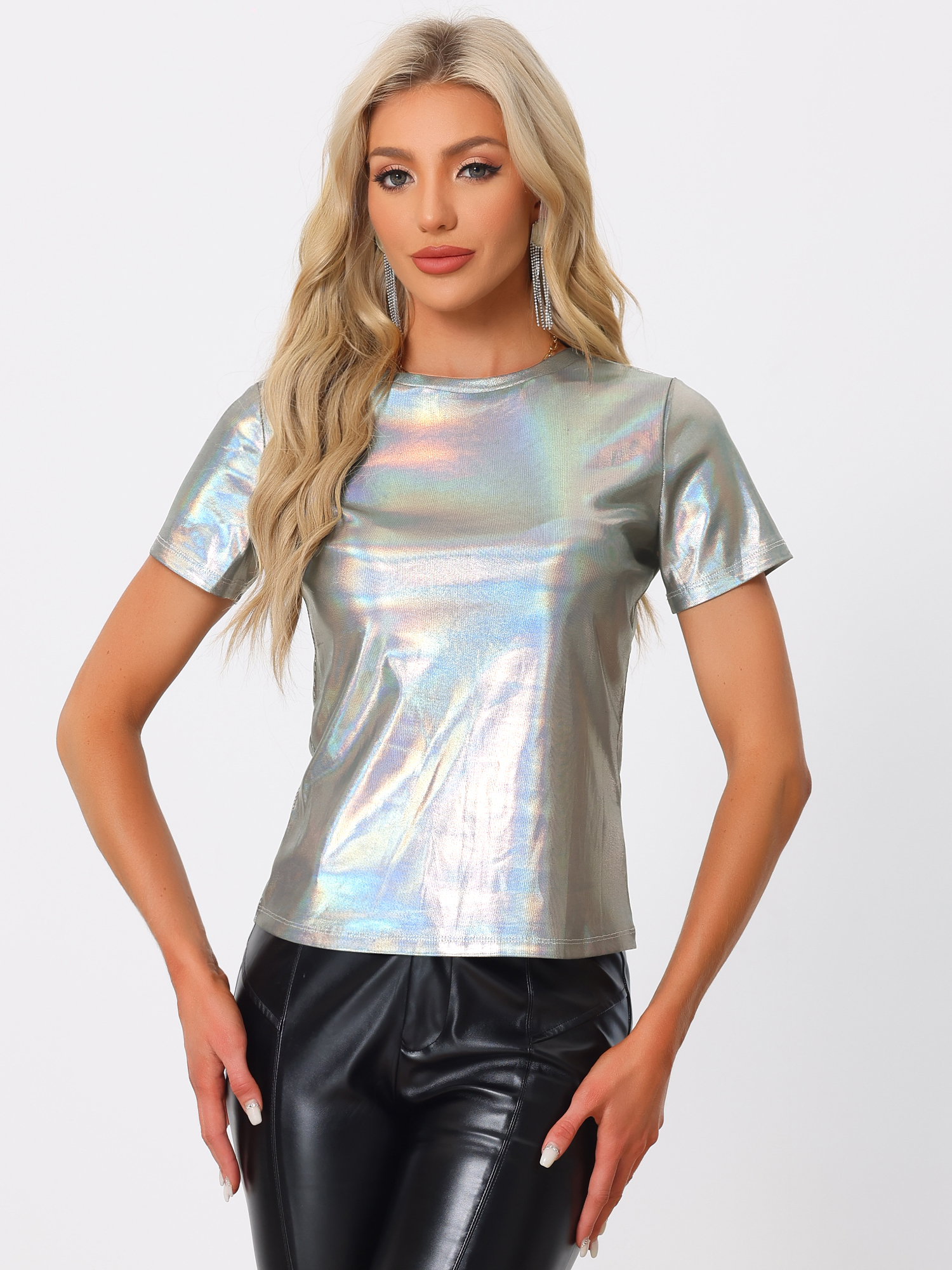 Party Metallic Textured Short Sleeve Shiny Multicolor Top Shiny Silver/S - Allegra K catalog