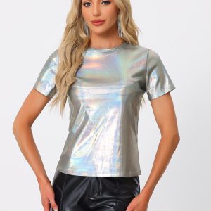 Party Metallic Textured Short Sleeve Shiny Multicolor Top Shiny Silver/M - Allegra K catalog