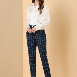 Vintage Tartan Plaid Pants Elastic Waist Straight Long Trousers Dark Blue/M - Allegra K catalog