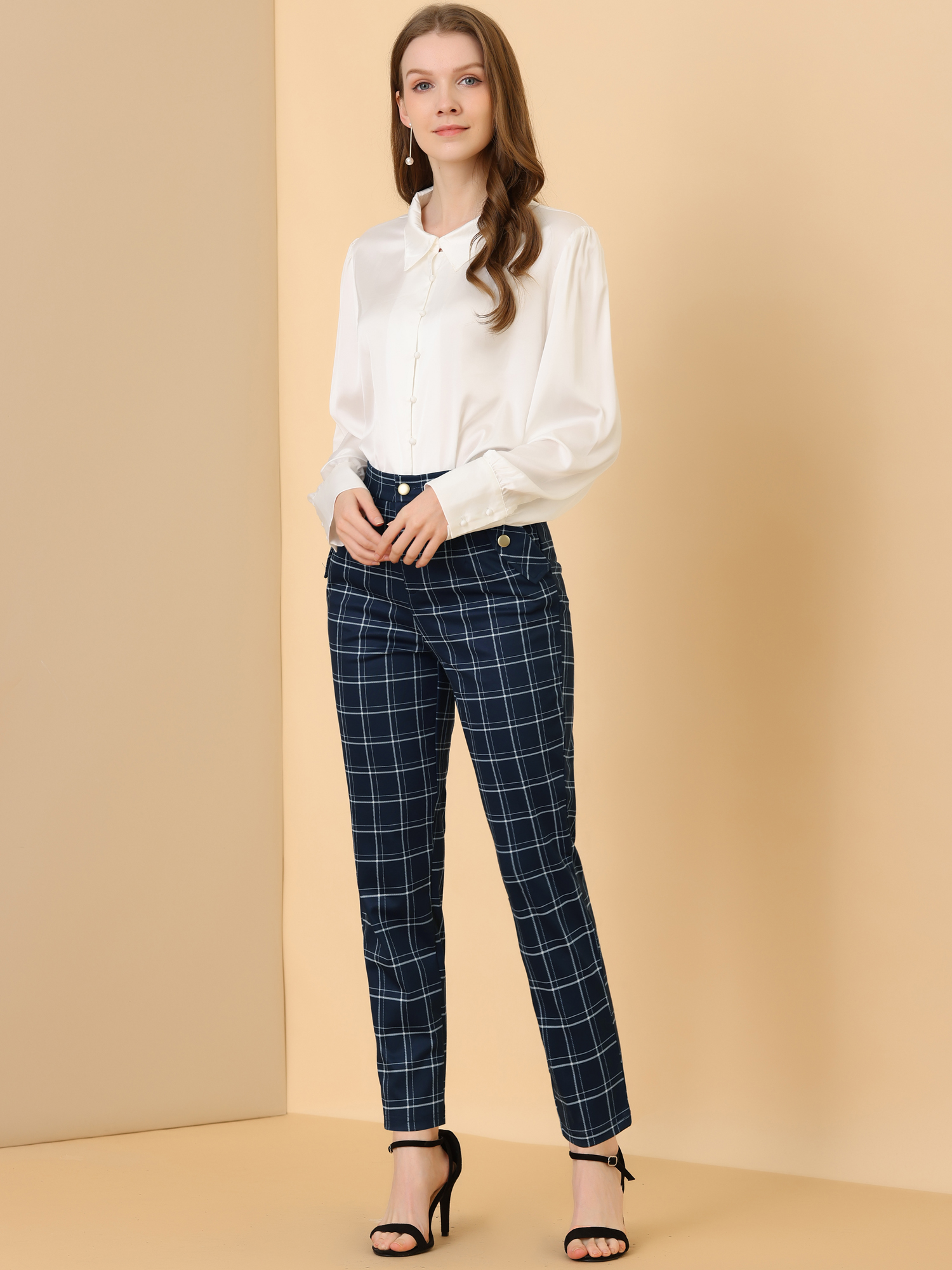 Vintage Tartan Plaid Pants Elastic Waist Straight Long Trousers Dark Blue/M - Allegra K catalog