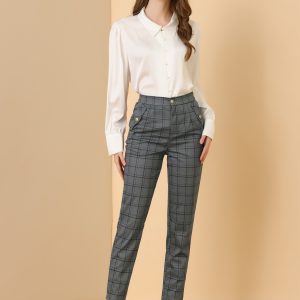 Vintage Tartan Plaid Pants Elastic Waist Straight Long Trousers Grey/M - Allegra K catalog