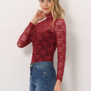See Through Long Sleeve Turtleneck Sheer Floral Lace Blouse Burgundy/S - Allegra K catalog