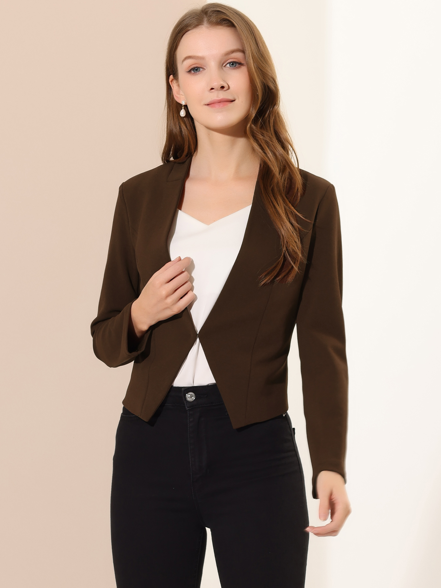 Solid Color Collarless Cropped Office Blazer Jacket Coffee/XS - Allegra K catalog