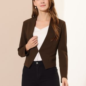 Solid Color Collarless Cropped Office Blazer Jacket Coffee/L - Allegra K catalog