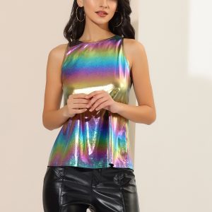 Shiny Sleeveless Camisole Club Shimmer Metallic Tank Top Multi/XL - Allegra K catalog