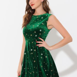 Shiny Stars Print Sleeveless Swing Mini Velvet Dress Dark Green/L - Allegra K catalog