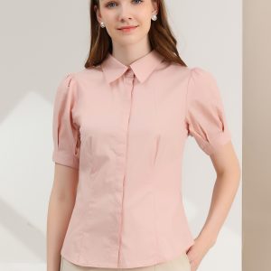 Puff Sleeve Collared Cotton Work Office Button Down Shirt Dusty Pink/XL - Allegra K catalog