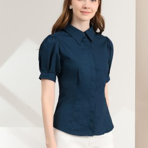 Puff Sleeve Collared Cotton Work Office Button Down Shirt Navy Blue/S - Allegra K catalog