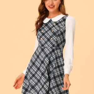 Peter Pan Collar Contrast Color Button Decor Plaid Dress Black/L - Allegra K catalog