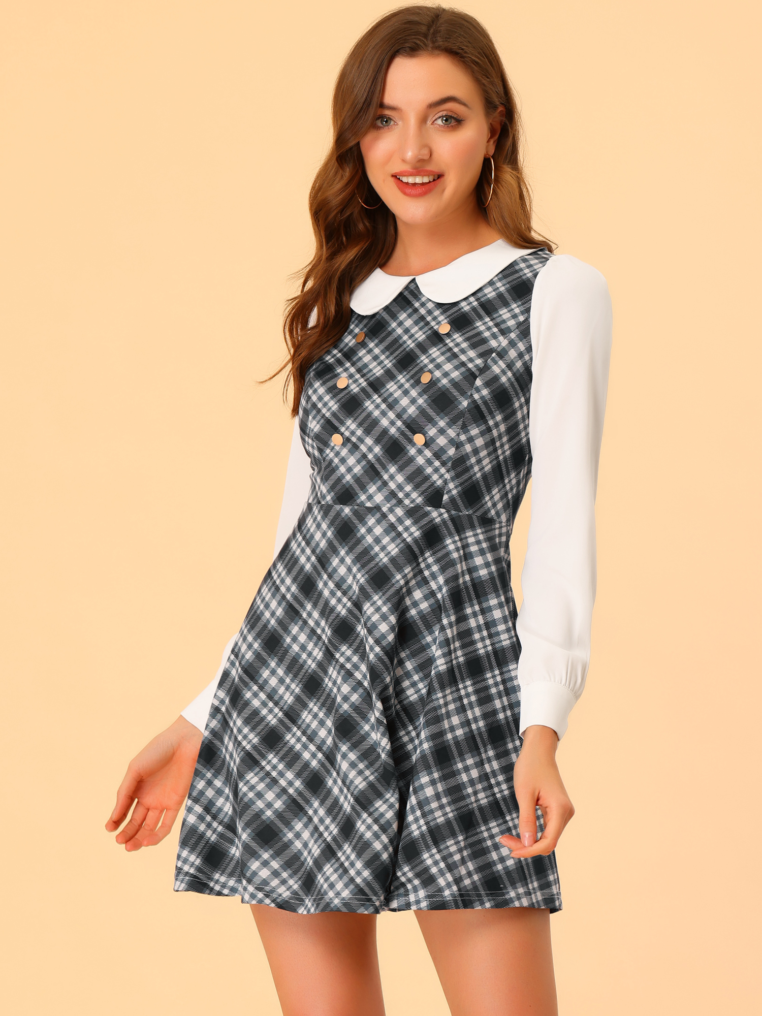 Peter Pan Collar Contrast Color Button Decor Plaid Dress Black/L - Allegra K catalog