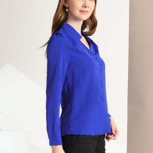 Work Office Blouse Button Up Long Sleeve V Neck Chiffon Shirt Royal Blue/XS - Allegra K catalog