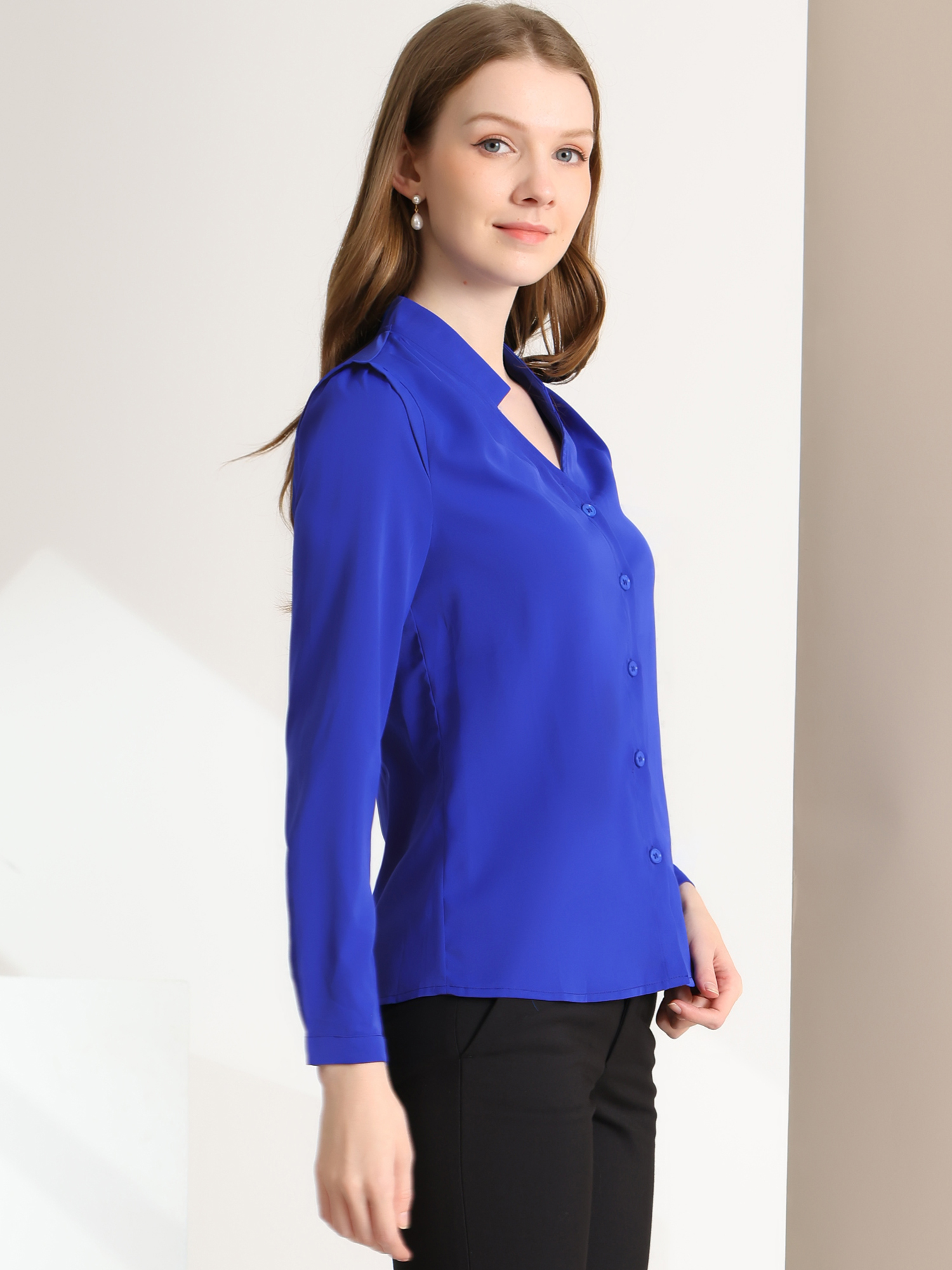 Work Office Blouse Button Up Long Sleeve V Neck Chiffon Shirt Royal Blue/L - Allegra K catalog