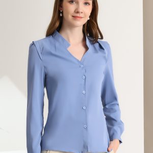 Work Office Blouse Button Up Long Sleeve V Neck Chiffon Shirt Blue/XS - Allegra K catalog