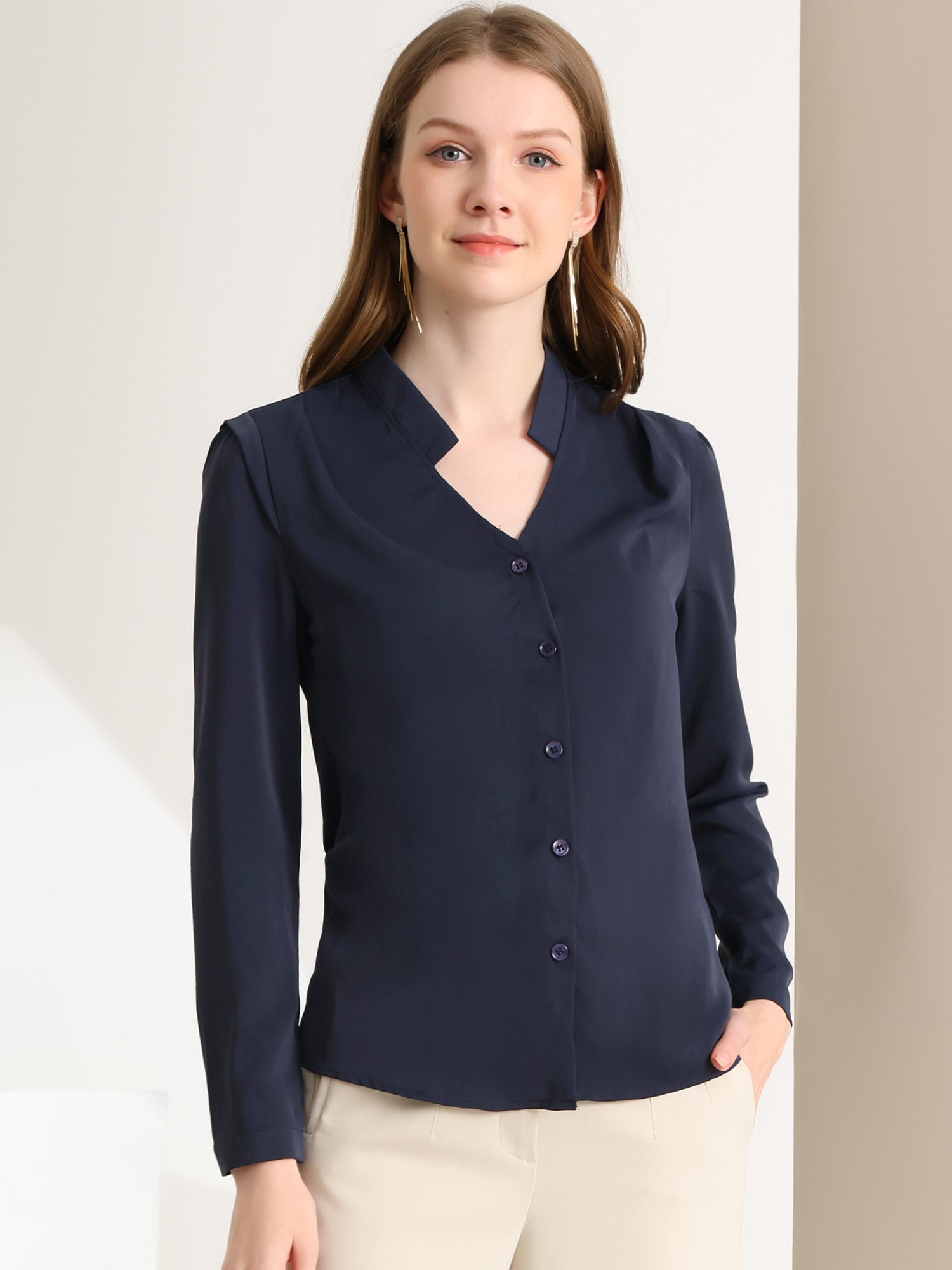 Work Office Blouse Button Up Long Sleeve V Neck Chiffon Shirt Navy Blue/S - Allegra K catalog