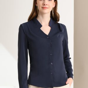 Work Office Blouse Button Up Long Sleeve V Neck Chiffon Shirt Navy Blue/M - Allegra K catalog