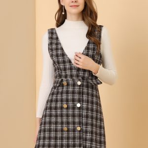 Elegant Button Front V Neck Plaid Tweed Overalls Pinafore Dress Brown/XS - Allegra K catalog