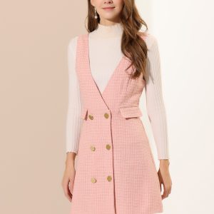 Elegant Button Front V Neck Plaid Tweed Overalls Pinafore Dress Pink/S - Allegra K catalog