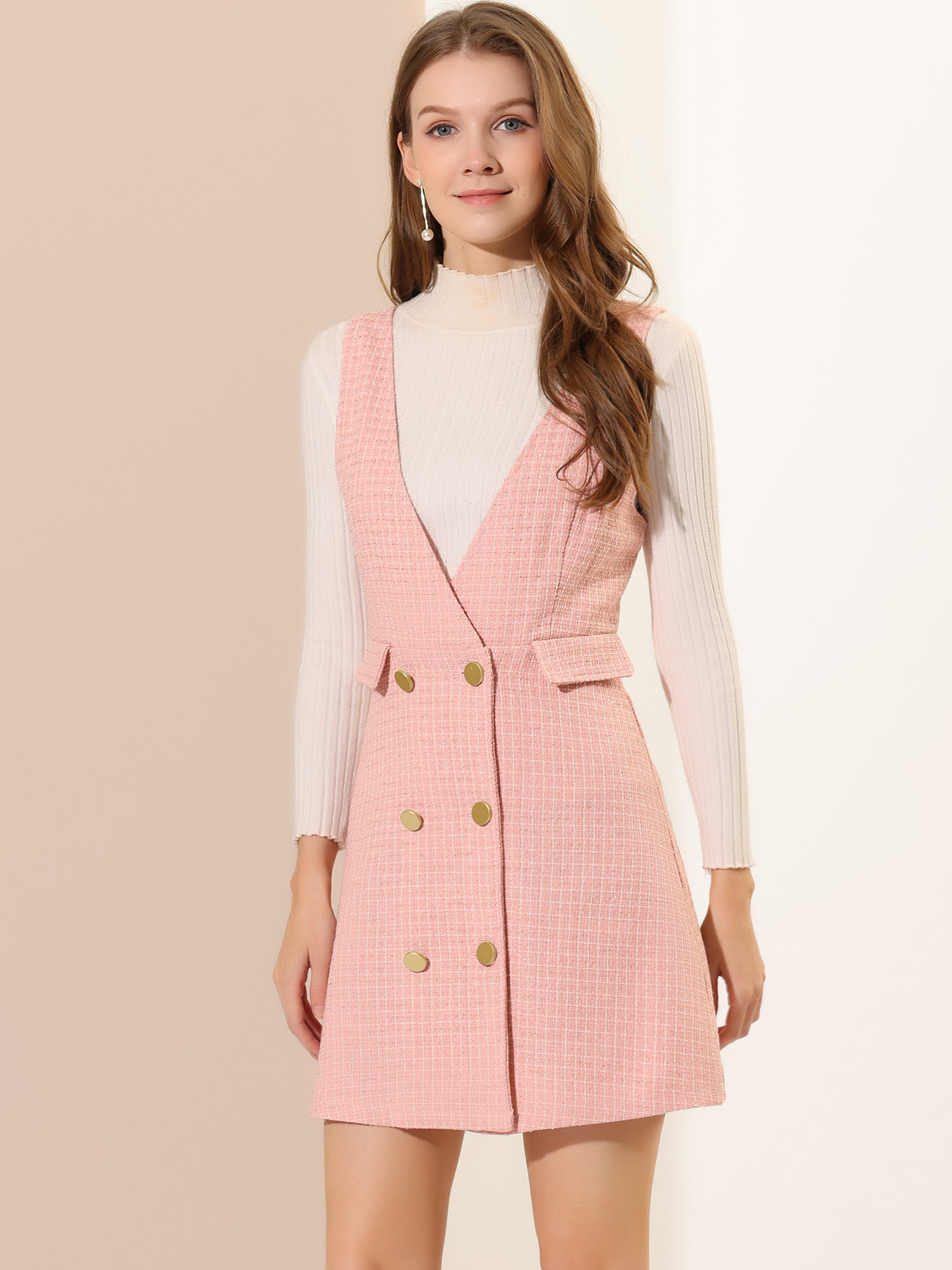 Elegant Button Front V Neck Plaid Tweed Overalls Pinafore Dress Pink/L - Allegra K catalog