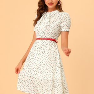 Peter Pan Collar Tie Neck Short Sleeve A-Line Belted Floral Dress White/L - Allegra K catalog