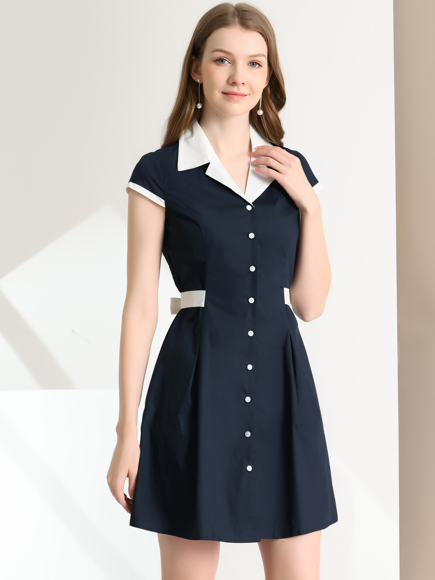Retro Button Down Flat Collar Belted Office Mini Shirt Dress Navy Blue/L - Allegra K catalog