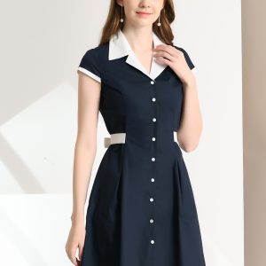 Retro Button Down Flat Collar Belted Office Mini Shirt Dress Navy Blue/XL - Allegra K catalog