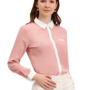 Contrast Collar Shirt Chiffon Long Sleeve Work Office Blouse Pink/XS - Allegra K catalog