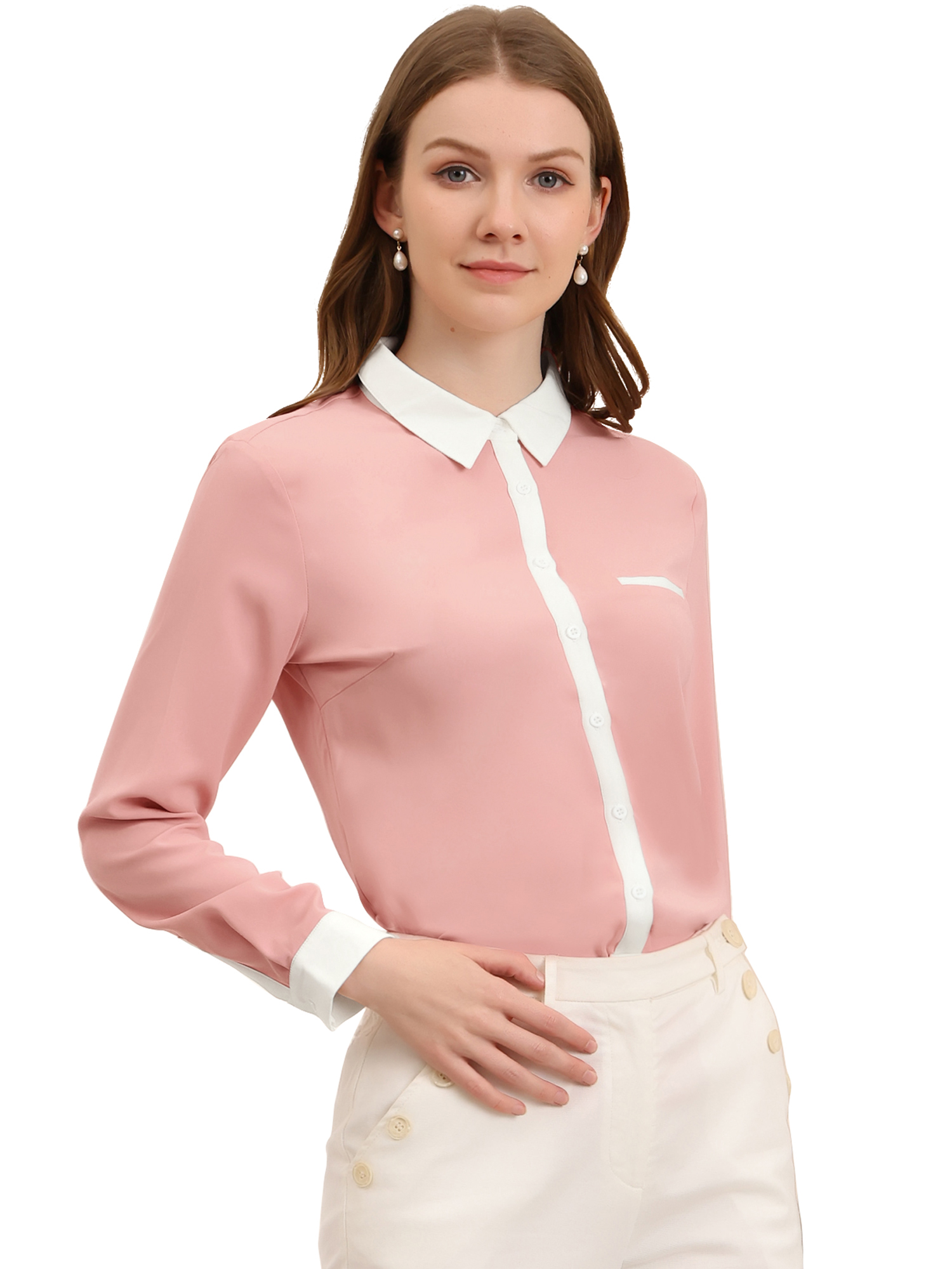Contrast Collar Shirt Chiffon Long Sleeve Work Office Blouse Pink/L - Allegra K catalog