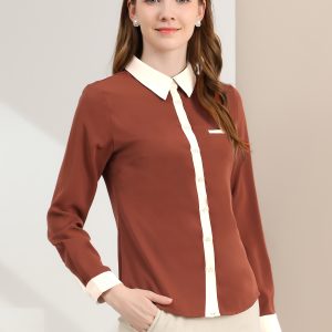 Contrast Collar Shirt Chiffon Long Sleeve Work Office Blouse Brown/S - Allegra K catalog