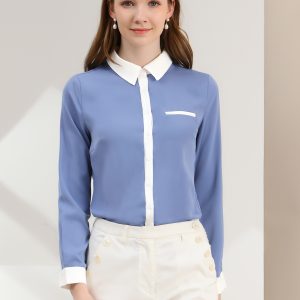 Contrast Collar Shirt Chiffon Long Sleeve Work Office Blouse Blue/L - Allegra K catalog