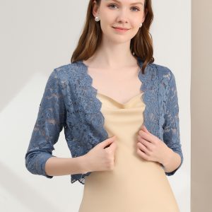 Lace 3/4 Sleeves Sheer Floral Cropped Bolero Shrug Dusty Blue/XS - Allegra K catalog