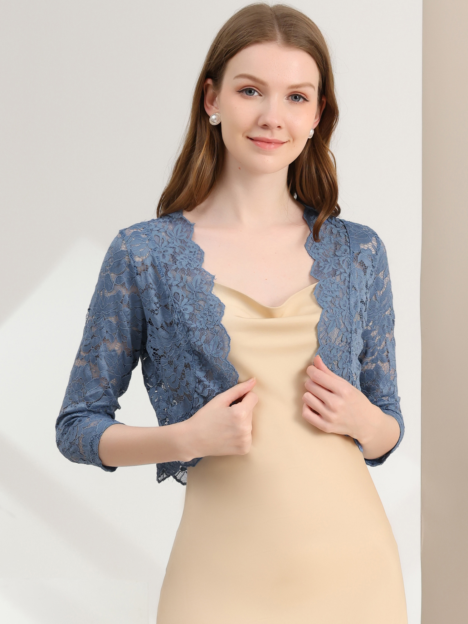 Lace 3/4 Sleeves Sheer Floral Cropped Bolero Shrug Dusty Blue/XS - Allegra K catalog