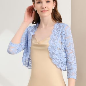 Lace 3/4 Sleeves Sheer Floral Cropped Bolero Shrug Light Blue/XS - Allegra K catalog