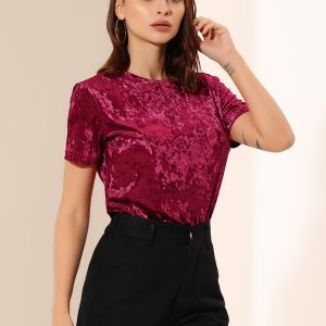 Velvet Crew Neck Short Sleeve Casual T-Shirt Top Red/S - Allegra K catalog
