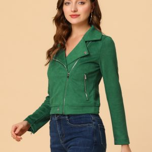 Casual Short Soft Zip Up Faux Suede Biker Moto Jacket Green/XS - Allegra K catalog