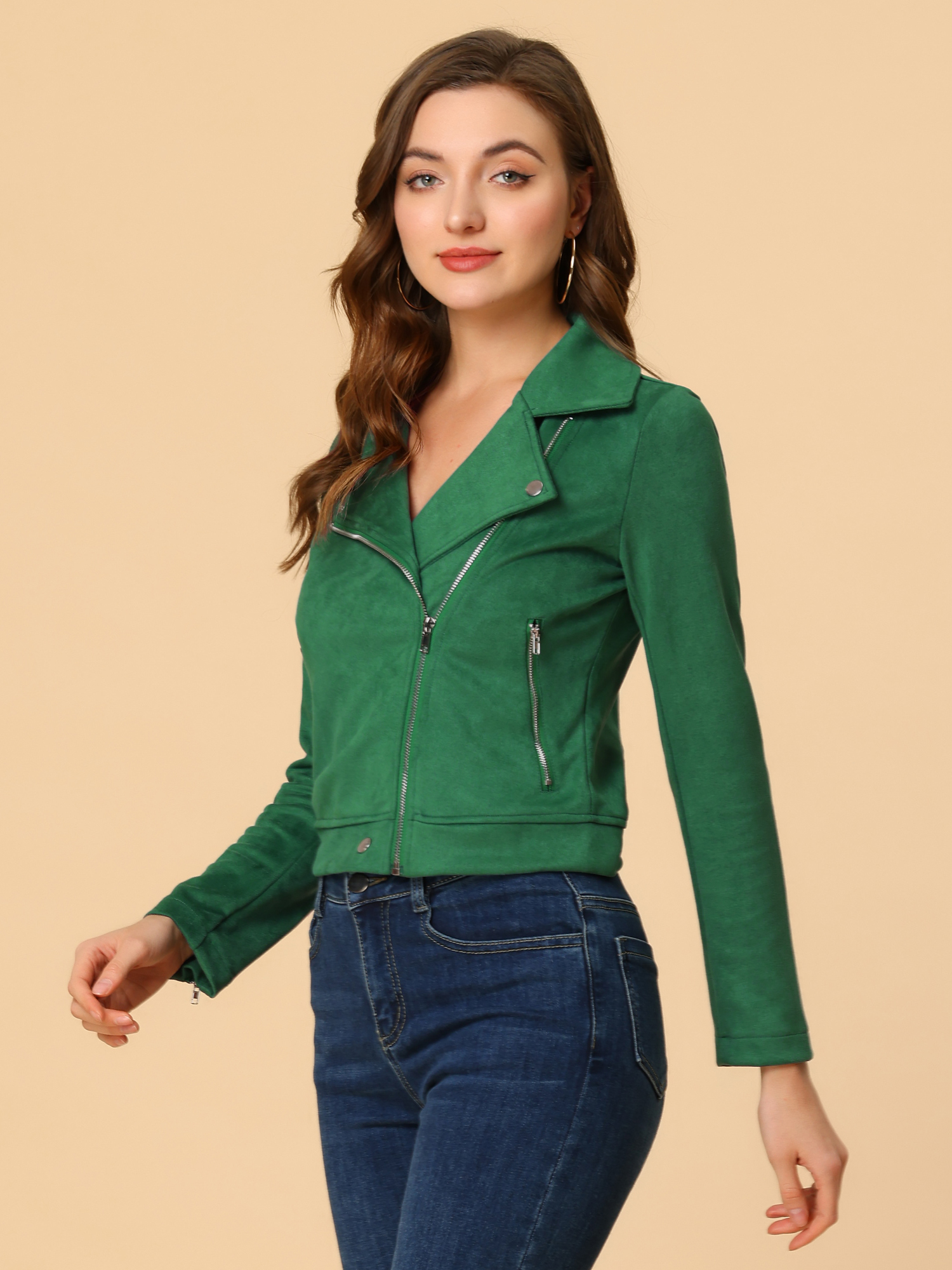 Casual Short Soft Zip Up Faux Suede Biker Moto Jacket Green/L - Allegra K catalog