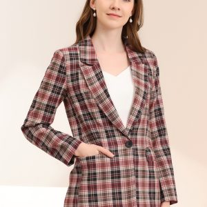 Plaid Notched Lapel One Button Houndstooth Blazer Jacket Brown Red/S - Allegra K catalog