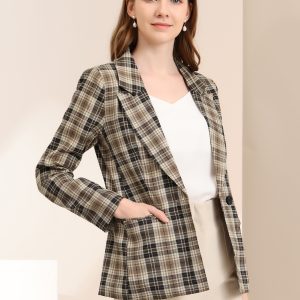 Plaid Notched Lapel One Button Houndstooth Blazer Jacket Brown Black/L - Allegra K catalog