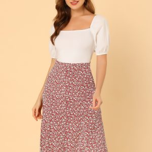 Floral Peasant Elastic Waist A-Line Ditsy Leave Midi Skirt Red White/M - Allegra K catalog