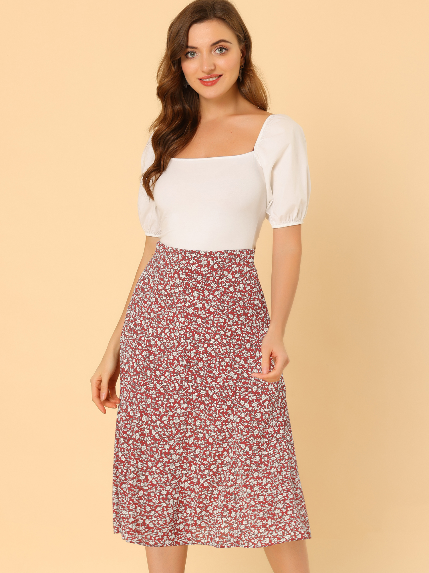 Floral Peasant Elastic Waist A-Line Ditsy Leave Midi Skirt Red White/M - Allegra K catalog