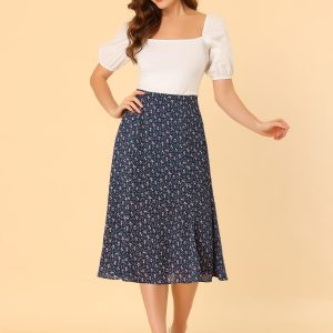 Floral Peasant Elastic Waist A-Line Ditsy Leave Midi Skirt Navy Pink/L - Allegra K catalog