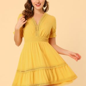 Boho Puff Sleeve V Neck Smocked Waist Ruffled Tiered Dress Yellow/L - Allegra K catalog
