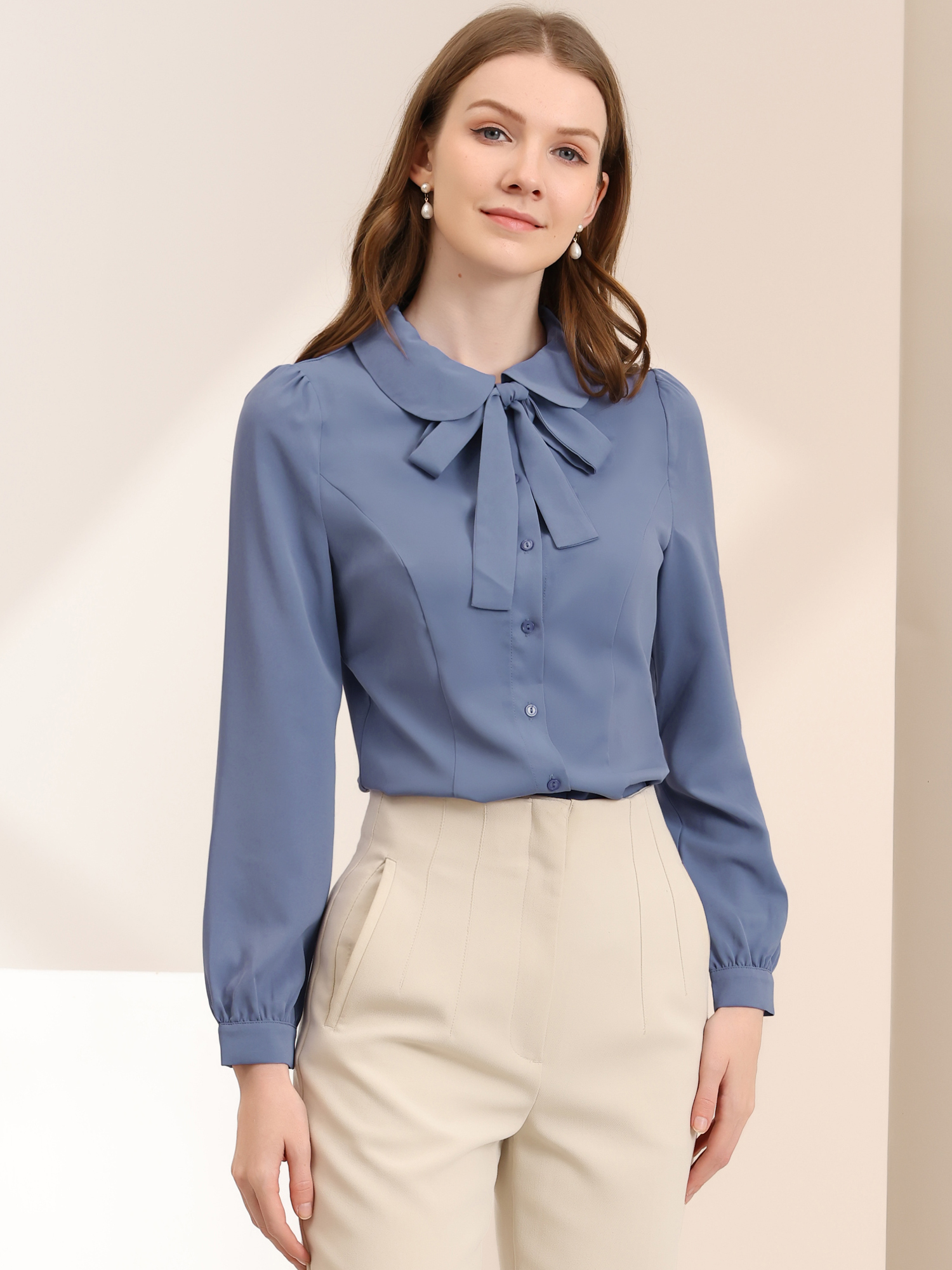 Peter Pan Collar Chiffon Bow Tie Neck Puff Sleeve Button Blouse Dusty Blue/XS - Allegra K catalog
